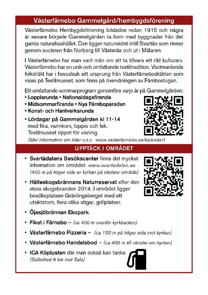 En bild på en informationsskylt med text och nummer, belägen vid Västerfärnebo hembygdsgård, mot en naturlig bakgrund.