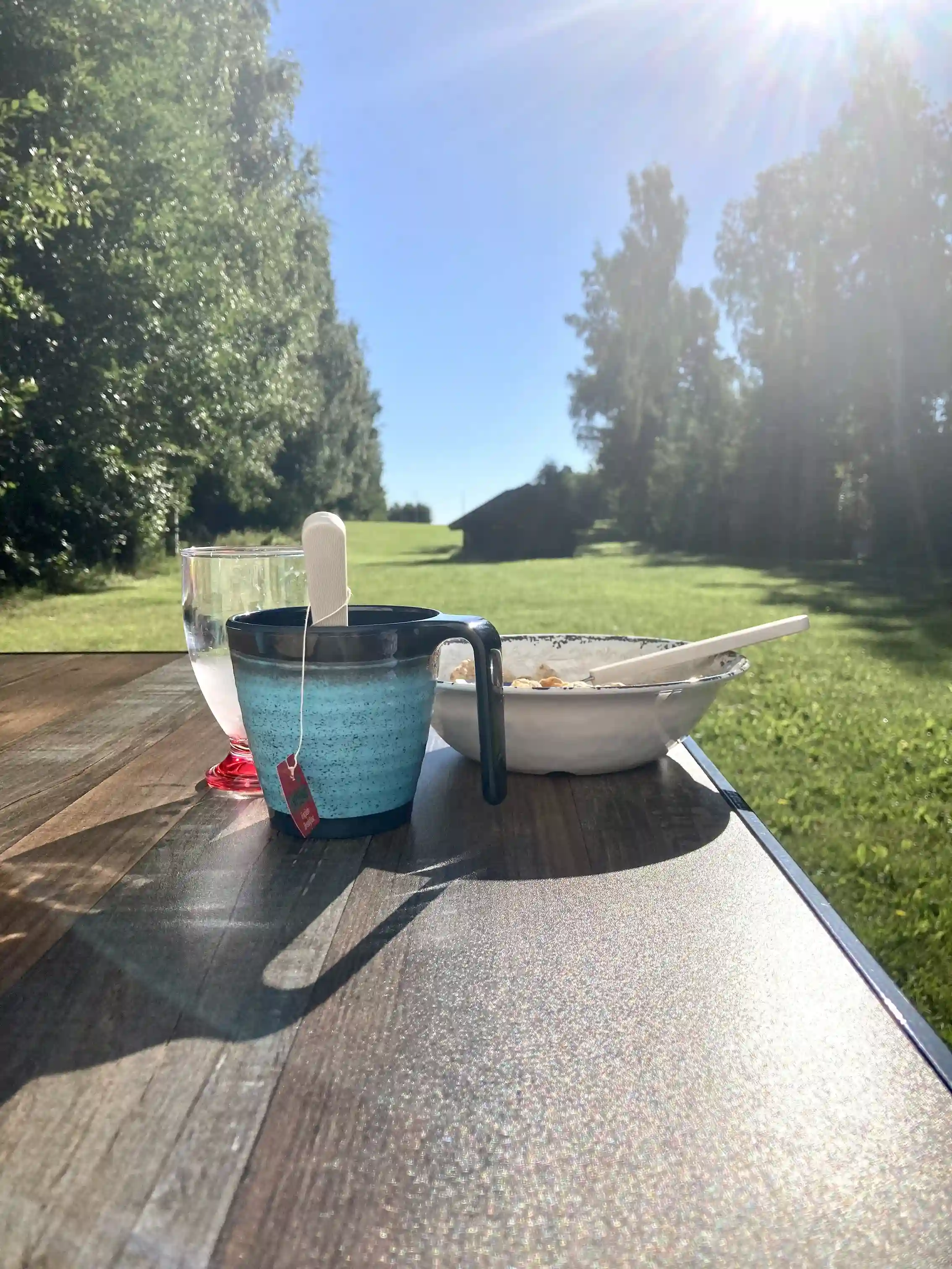 En träbordsmöbelgrupp utplacerad ute i det fria, bestående av en picknickbänk och några serveringsföremål, omgiven av grönska i Västerfärnebo Hembygdsgård.