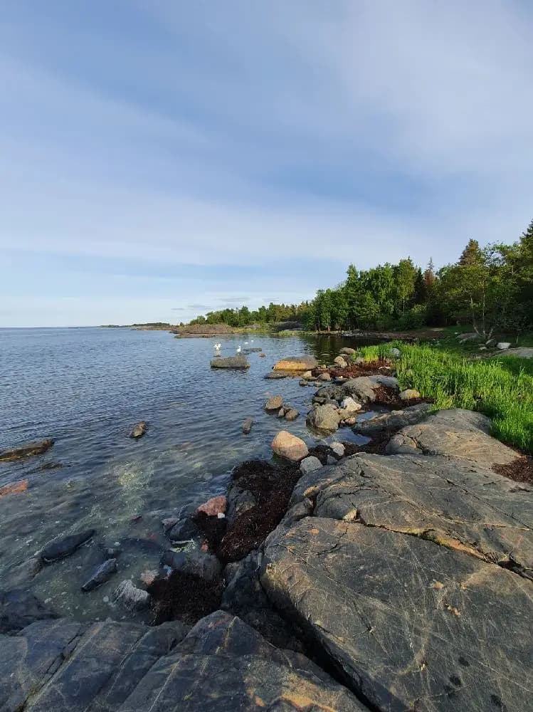En vy över Ängskärs havscamping med blått vatten och klippor i förgrunden, himlen täckt av moln vid horisonten.