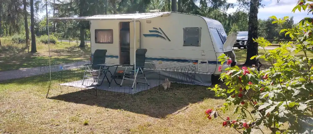 En halvcirkel av husbilar och husvagnar står uppställda under skuggande träd på en grön gräsyta vid Orebackens camping, ett populärt besöksmål för campare.