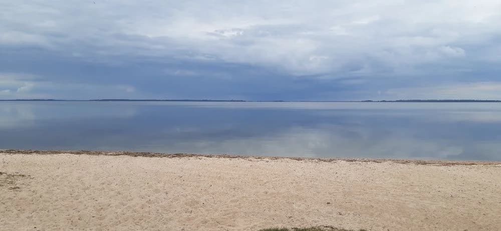 En somrig strandbild med en klarblå himmel och ett stilla vatten vid Hjälmargården & Läppe camping. Moln ses vid horisonten och stranden löper i förgrunden.