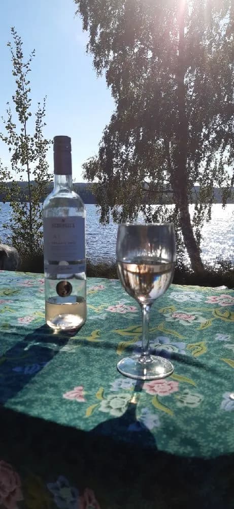 Bild av ett campingområde med fokus på ett dukat bord utomhus. På bordet syns flaskor, glas och serveringsartiklar, vilket skapar en inbjudande atmosfär för dryck och samvaro.
