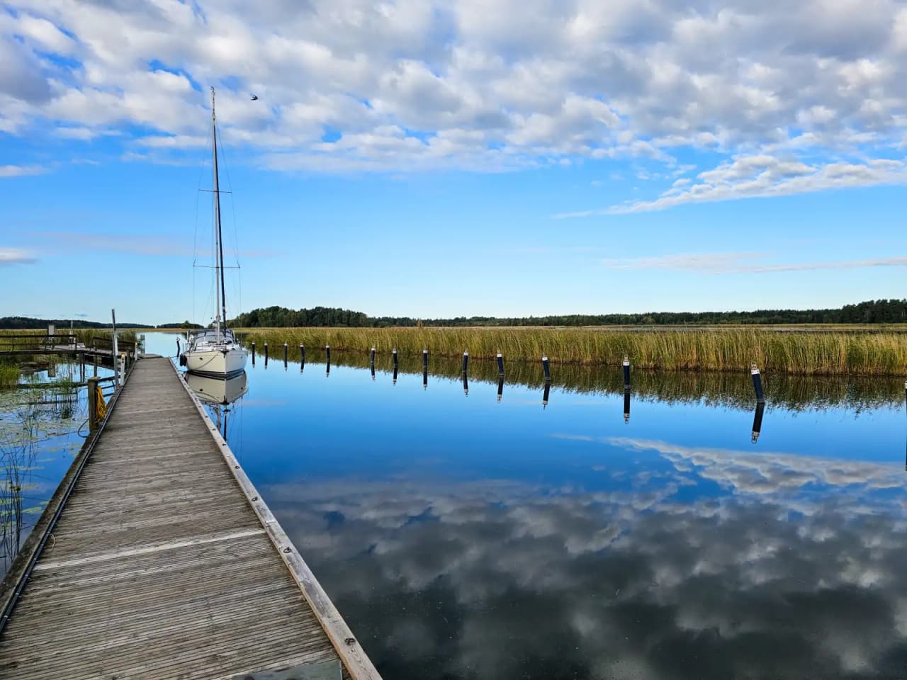 En rofylld sommarbild av Ekenäs gästhamn & camping visar en vidsträckt vy över en klarblå himmel och ett spegelblankt vattenlandskap.