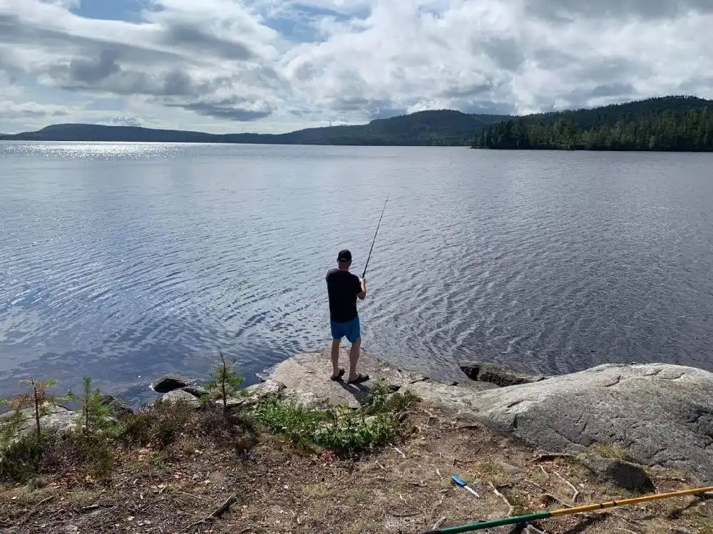 En vidsträckt utsikt över en sjö omgiven av berg och skog under en molnig himmel vid Snibbens Camping.