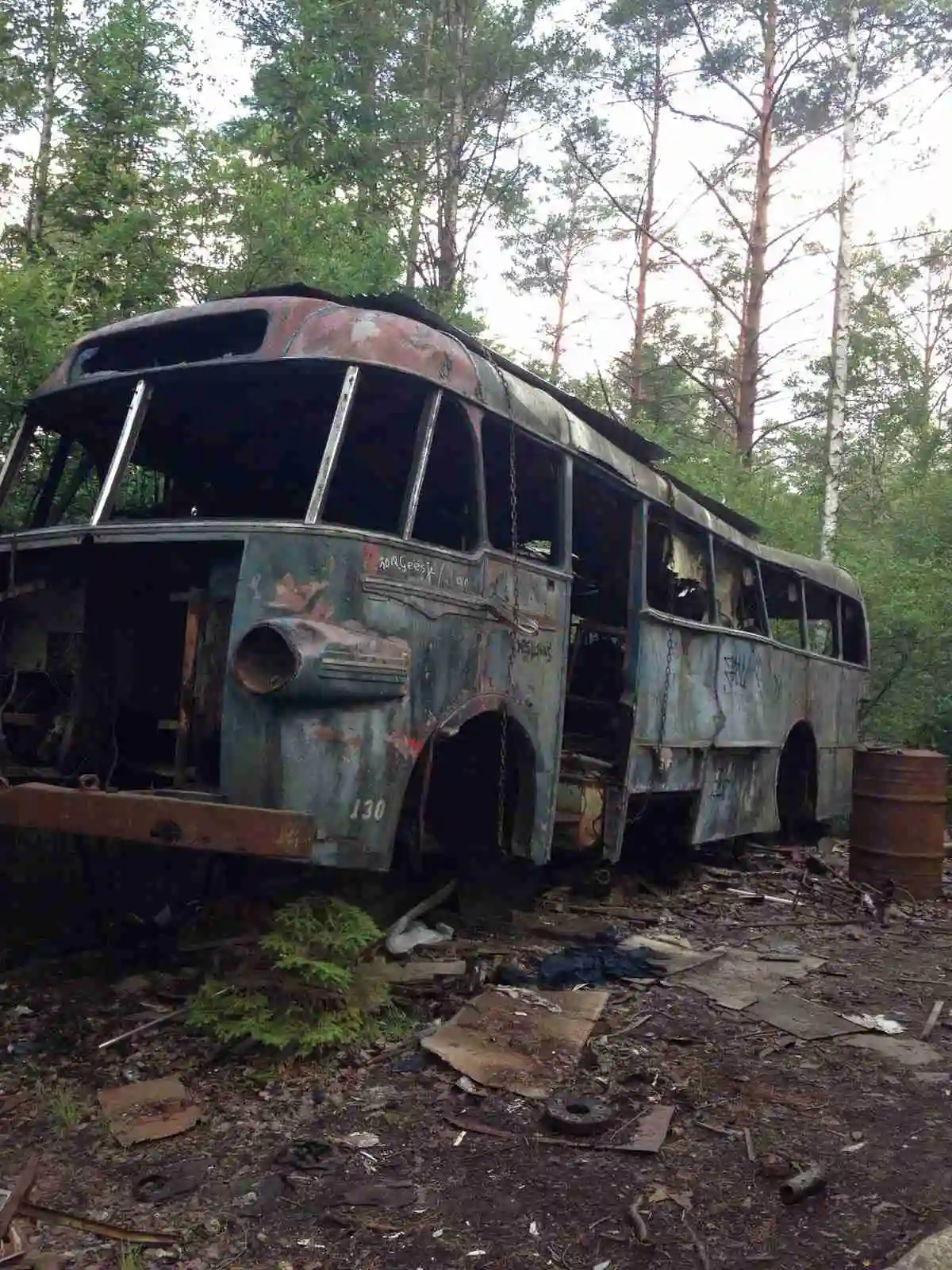 En parkerad buss på Norraryds camping omgiven av frodiga gröna träd och en klar blå himmel.