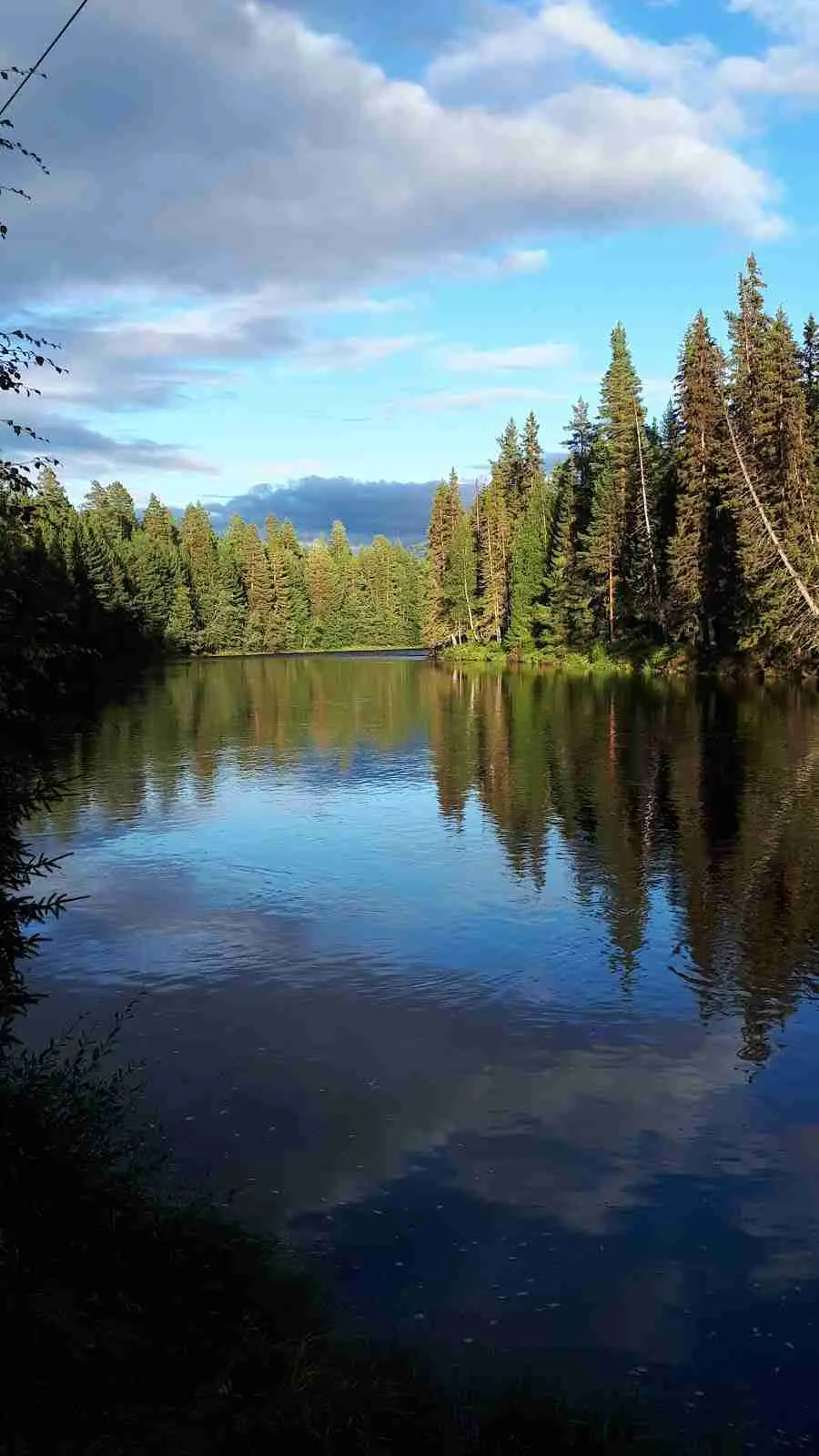 En naturskön vy över Stöten camping med blå himmel, grönskande träd och en spegelblank sjö som reflekterar omgivningen.