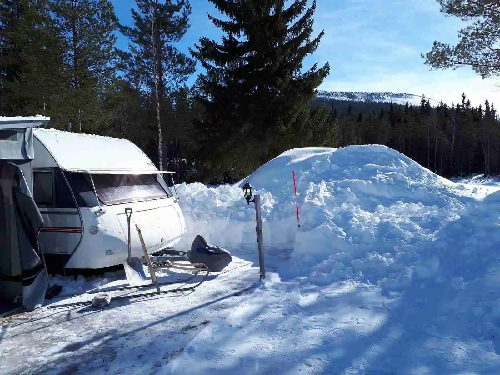 En husvagn står parkerad vid en snötäckt campingplats omgiven av barrträd, vilket skapar en vintrig atmosfär.