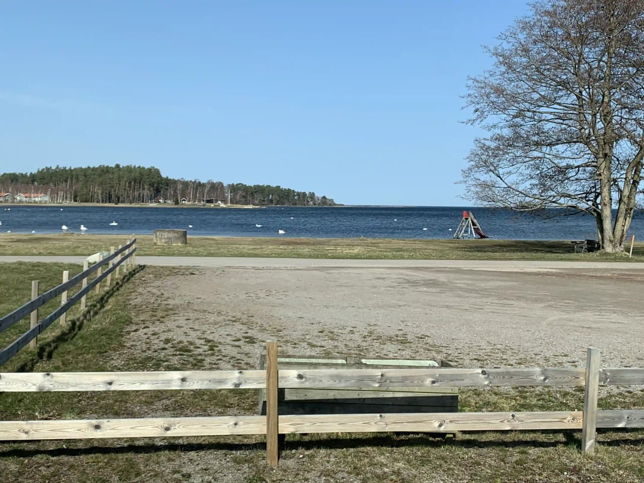 En strand med utsikt över ett stort vattenområde vid Skeppeviks camping, omgiven av naturlig kustlinje och lugnt landskap.