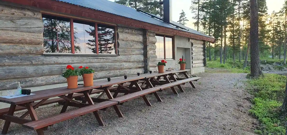 En mysig trästuga på Kojbyns camping med tillhörande picknickbord och bänkar av trä, omgiven av grönskande natur.