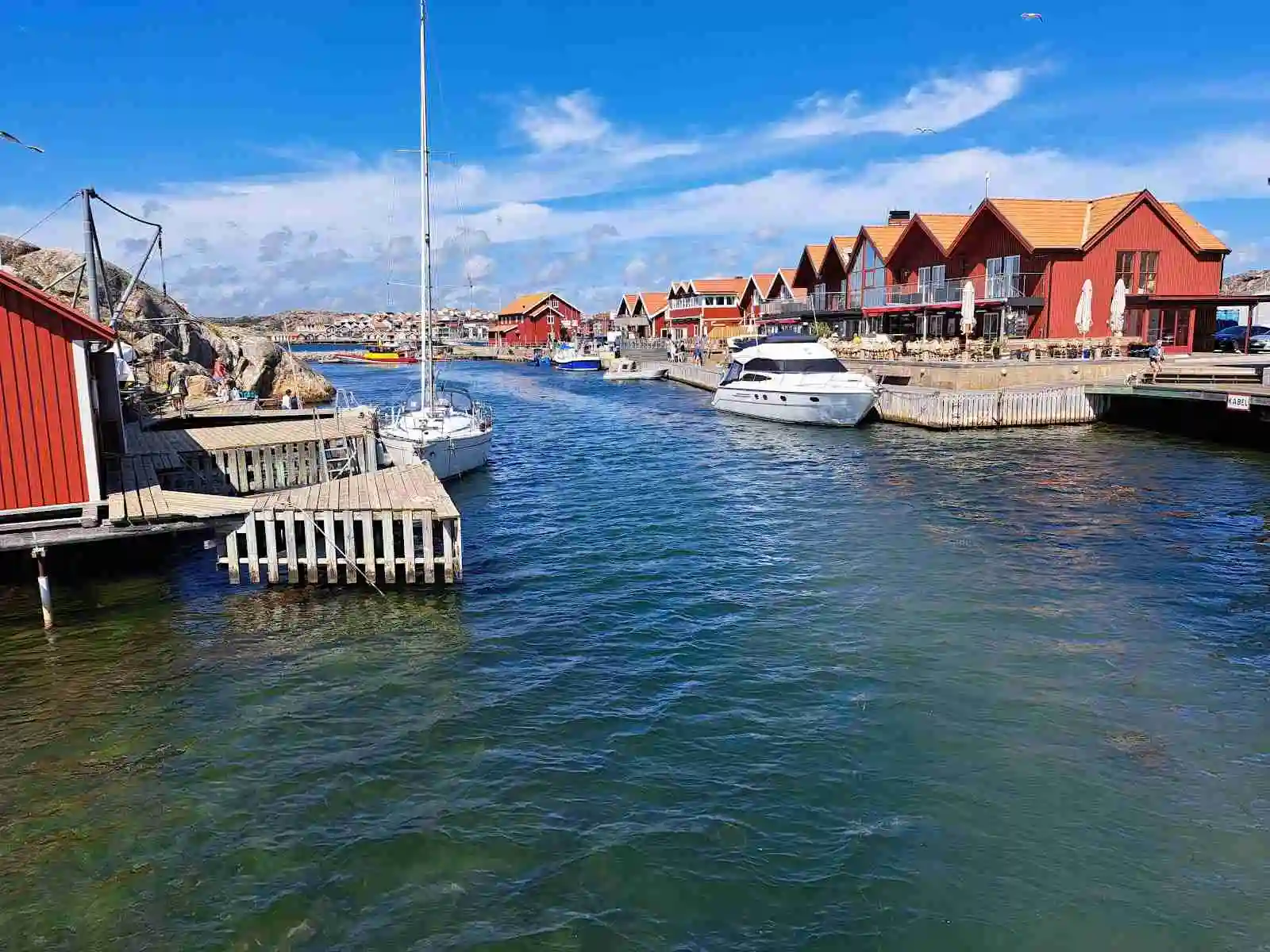 En småbåtshamn i Skärhamn med flera förtöjda båtar längs bryggorna, omgivet av ett lugnt hamninlopp och en vacker kustlinje.