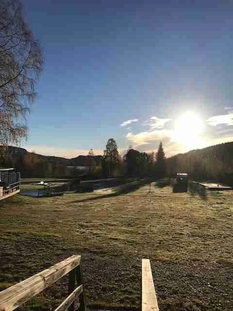 Bild på Docksta vandrarhem & camping Kustladan: ett vidsträckt landskap med grönskande gräsmatta i förgrunden, omgiven av ett staket. I bakgrunden syns moln utspridda på den blå himlen och en stor öppen yta som sträcker sig till horisonten.