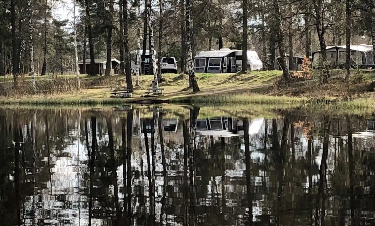 En naturskön miljö vid Hörsjöns camping med spegelblank sjö omgiven av skog och grönska. Träd och växtlighet speglas i vattnet och skapar en fridfull atmosfär i lantlig omgivning.