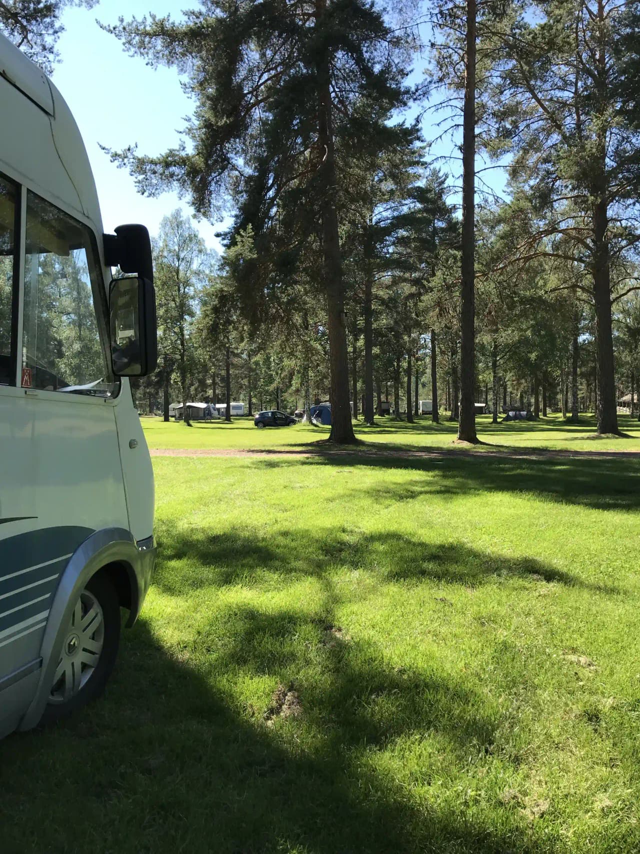En grönskande campingplats i Älvdalen med gräsmattor, skugga från träd och en husbil parkerad i närheten.