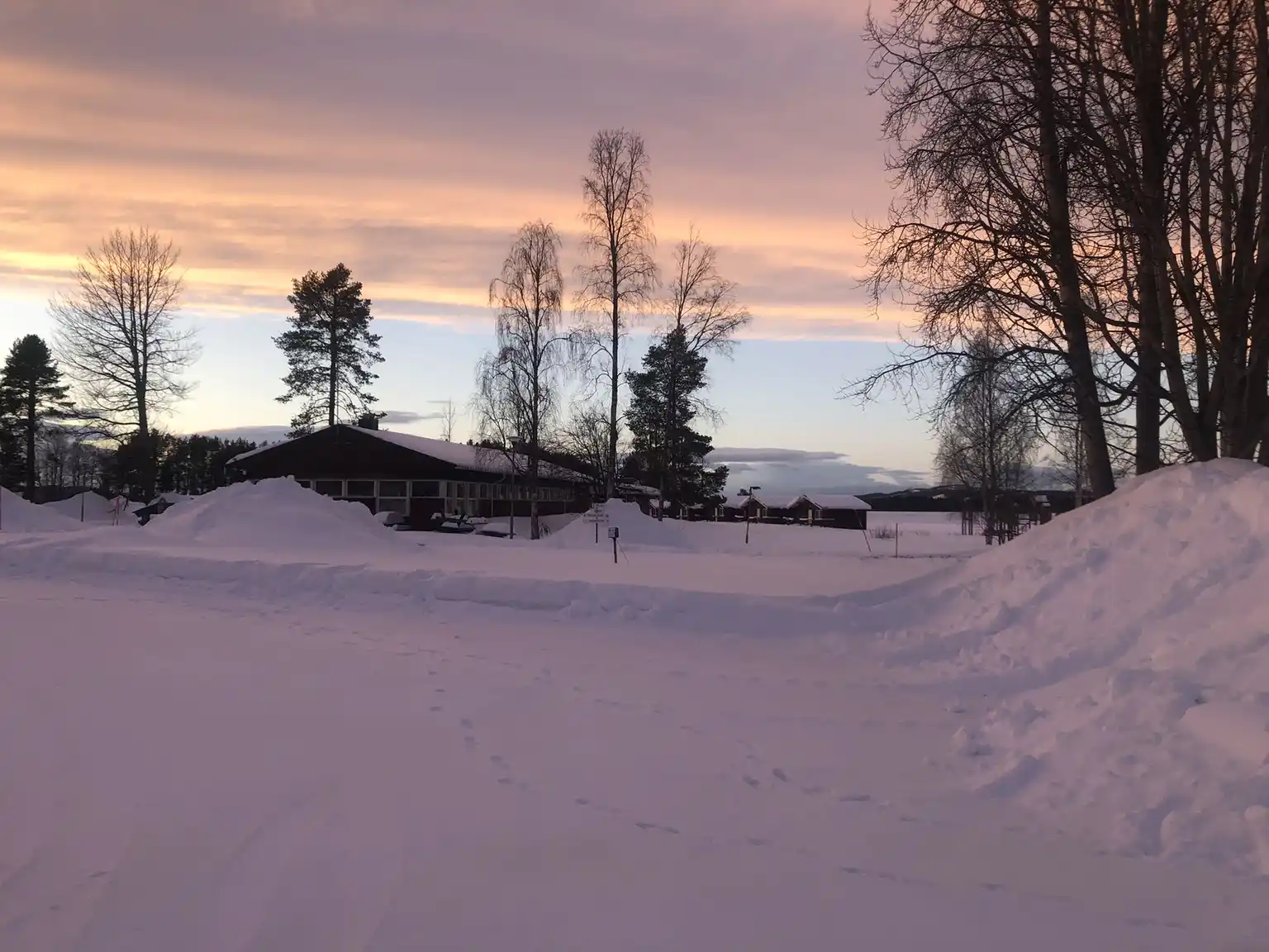 En vinterlandskap med snöklädda trädgrenar vid Storuman Camping, med en färgstark solnedgång som lyser upp himlen i skymningen.
