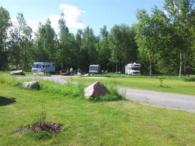 En grönskande campingplats vid Långsjön med en variation av träd inklusive barrträd, gräsytor och anlagda områden i en naturskön miljö.