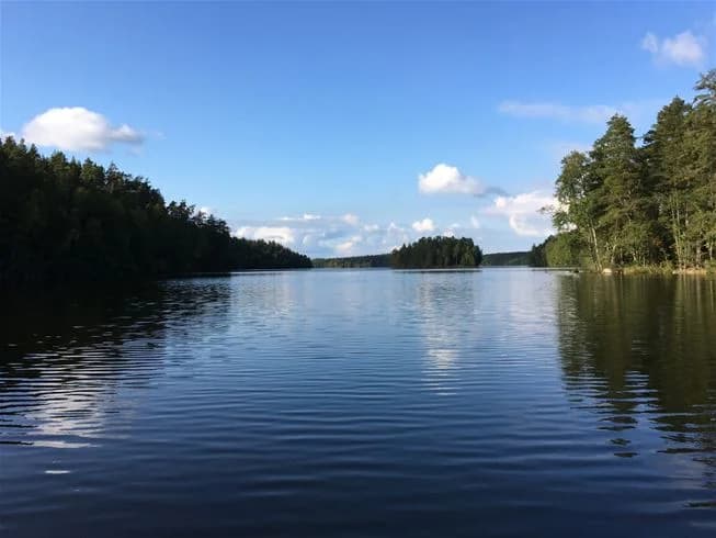 Vy över en pittoresk sjö omgiven av frodig natur och en klar blå himmel med spridda moln, fångat vid Långsjön Stugor & Camping.