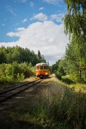 En tågräls passerar genom en naturskön landsbygd vid Långsjön Stugor & Camping, omgiven av frodig grönska i morgonljus. Ett passagerartåg med flera vagnar syns åka längs spåret.