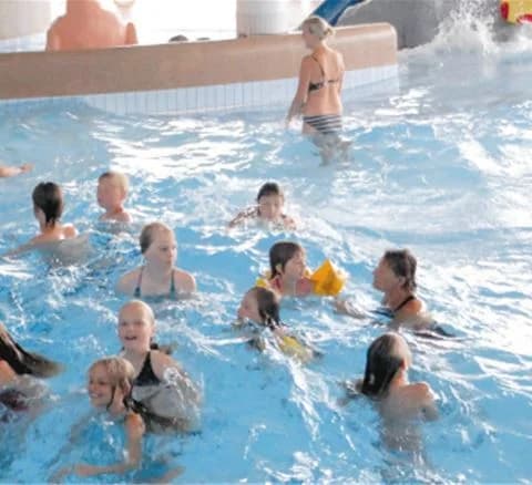 En blå swimmingpool med glada människor i badkläder som njuter av lek och avkoppling, omgivna av grönska på Villa Björkhagen.