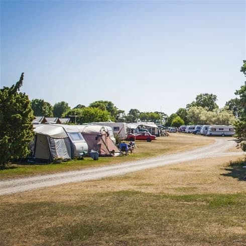 Bild av Tofta Camping med olika tält och husbilar parkerade på campingplatsen. Flera fordon syns på parkeringen i bakgrunden, och campare njuter av friluftsliv och fritidsaktiviteter.