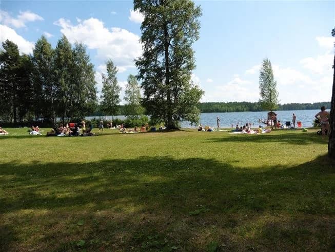 En somrig landskapsbild vid Bjursås Berg & Sjö med gröna ängar och träd. En sjö skymtar under en molnig himmel, medan besökare kan njuta av rekreation och fritid i parkliknande omgivningar.