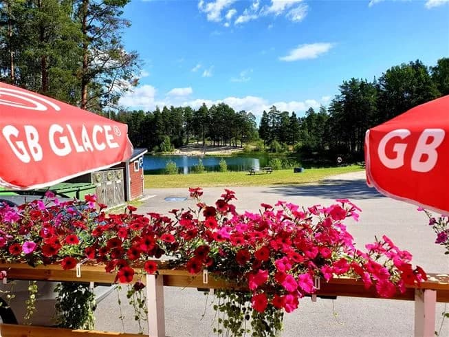 En färgglad park med röda blommor, bland annat rör-mig-ej och pelargoner, vid Vivstavarvstjärns camping.