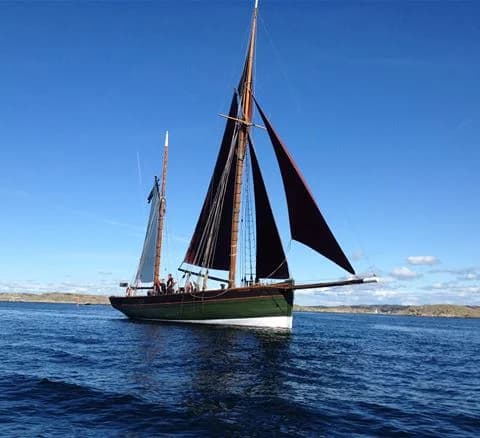 En segelbåt med mast och segel ligger förtöjd vid stranden i Malö Camping. Havet breder ut sig i bakgrunden under en klarblå himmel.