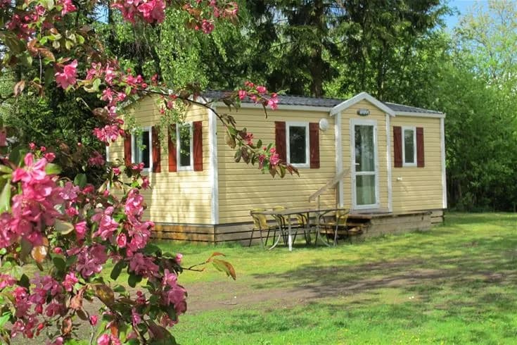 Bild av Jägersbo Camping Swecamp som visar en stuga omgiven av grönska och en trädgård. Blomstrande pelargoner lyser upp gården, och buskarna i bakgrunden förstärker den natursköna atmosfären.