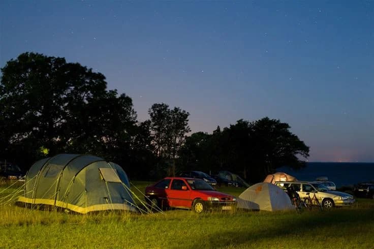 En campingplats på Lundegård med uppställda tält omgivna av grönska och klar stjärnhimmel ovanför. Campingutrustning syns runt tälten.