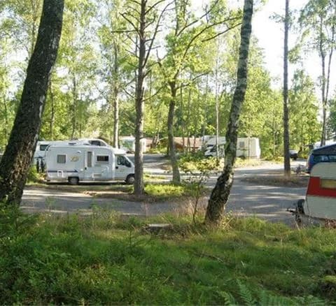 Bild på Läckö Strand Camping visar en parkering med husbilar och husvagnar omgivet av skogsmark. En liten bil syns vid sidan av en stig som leder genom träddungen.