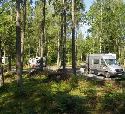 En husvagn och flera parkerade fordon på Läckö Strand Camping, omgivna av träd och skog.