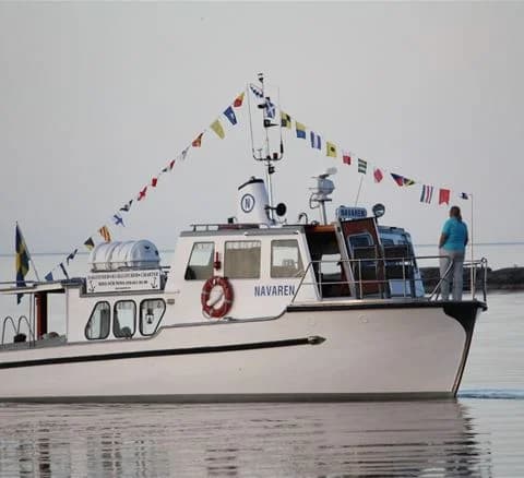 Ett motorbåt ligger i vattnet nära Läckö strand camping, omgiven av en stilla sjö och blå himmel, med människor som njuter av fritidsaktiviteter på båten.