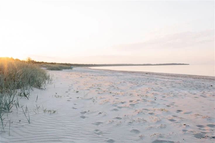 En solig strand vid Sudersand Resort med ljus sand, klarblå himmel och havet synligt vid horisonten.