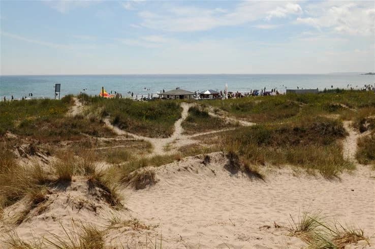 En solig strand med gul sand och en klarblå himmel över horisonten vid Sudersand Resort. Havet breder ut sig i bakgrunden och skapar en somrig och rofylld atmosfär.