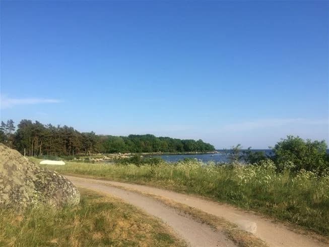 Bild av Landöns camping: En kustlinje med en klarblå himmel vid horisonten. Sandstranden övergår i en grönskande natur, medan havet breder ut sig vid sidan av en stig som leder genom landskapet.