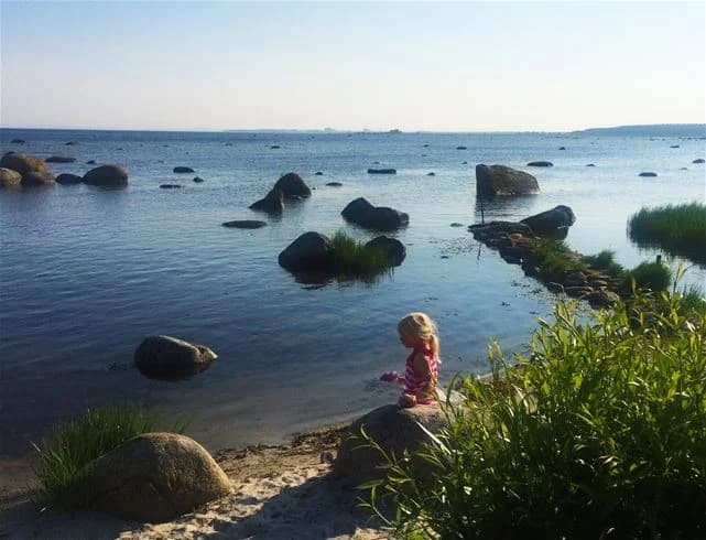 En vy över Landöns camping med en klar vattenkropp i förgrunden och en klippig kustlinje.