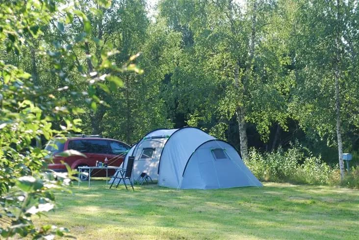 En tältplats i skogslandskap vid Lufta Camping & Restaurang, med tält och campingutrustning under skuggande träd i en parkmiljö.