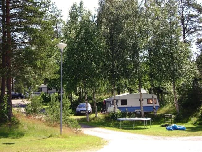 En campingplats med husvagnar parkerade på gräsmattor omgivna av träd och växtlighet.