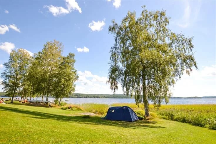 Vy över Charlottenberg camping & stugor - Haganäset med sjö och strand i bakgrunden, omgiven av gröna ängar och parker.