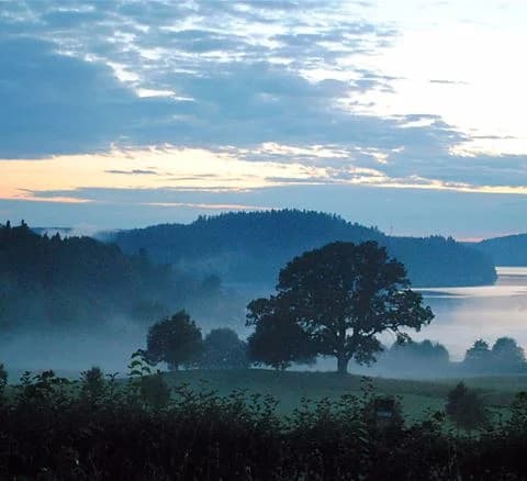 En pittoresk vy över Anfasteröds Gårdsvik med bergiga landskapsformer, omgivna av träd och kullar. Himlen är delvis täckt av moln som skapar en atmosfärisk stämning.