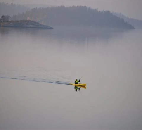 En person paddlar i en kajak på lugnt vatten vid Anfasteröd Gårdsvik, omgiven av vacker natur.