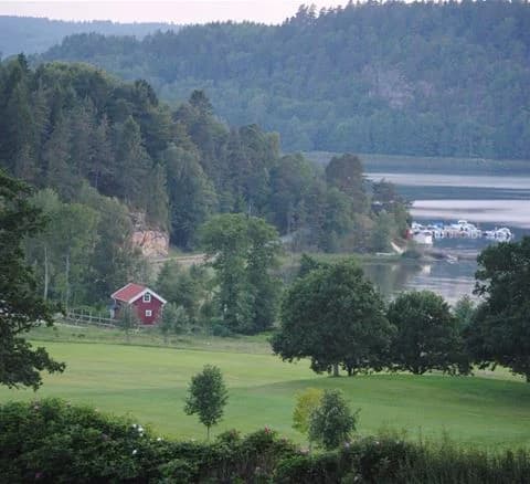 En naturskön utsikt över ett vackert vattenlandskap vid Anfasteröd Gårdsvik, omgiven av träd och frodig grönska.