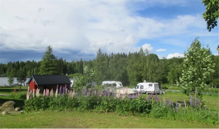 Bild av Munkebergs camping med frodiga trädkronor och växter omkring. På det öppna grönområdet syns flera husvagnar parkerade, omgivna av välskötta trädgårdar och gräsmattor, vilket skapar en lugn och naturnära atmosfär.
