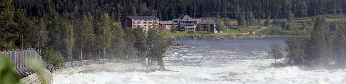 En vintervy över en flodlandskap omgiven av barrskogar vid Storforsens camping, med inslag av lärkträd och tallar, under en klar himmel.