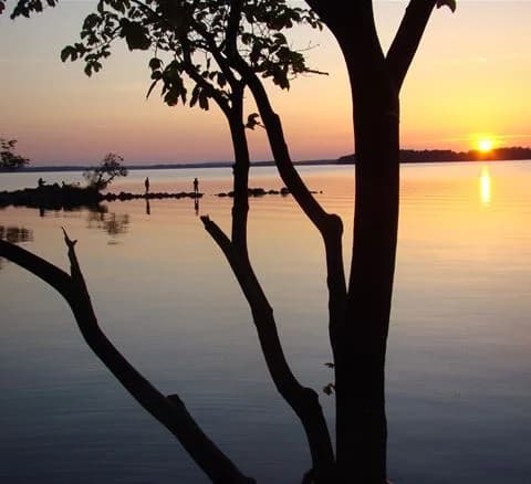 En stilla sjö vid skymningen med solnedgångens varma glöd över horisonten, omgiven av natur och några grenar som sträcker sig in i bilden.
