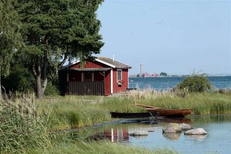 En vy över Dalskärs camping med sjöutsikt. I förgrunden syns en bred strandkant med vass och vattenväxter. I mitten av bilden ligger en lugn sjö, omgärdad av skog och små stugor som ger en naturskön och avkopplande atmosfär.