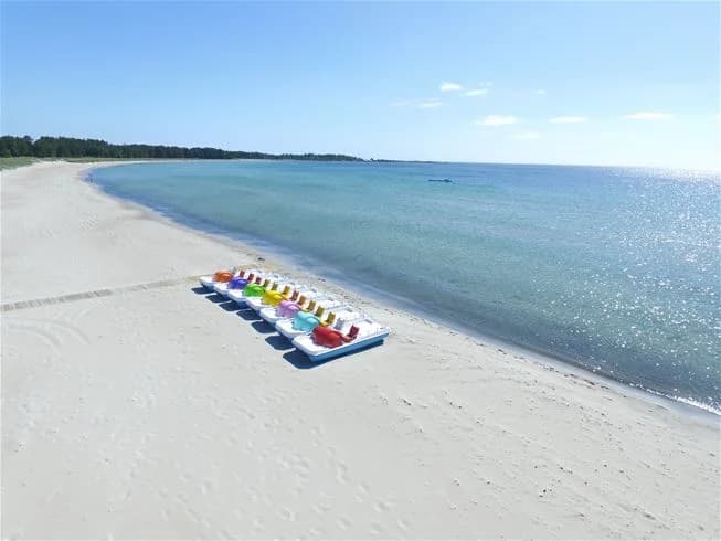 En solig dag vid Sandbybadets camping med en vidsträckt strand och blått hav i horisonten.