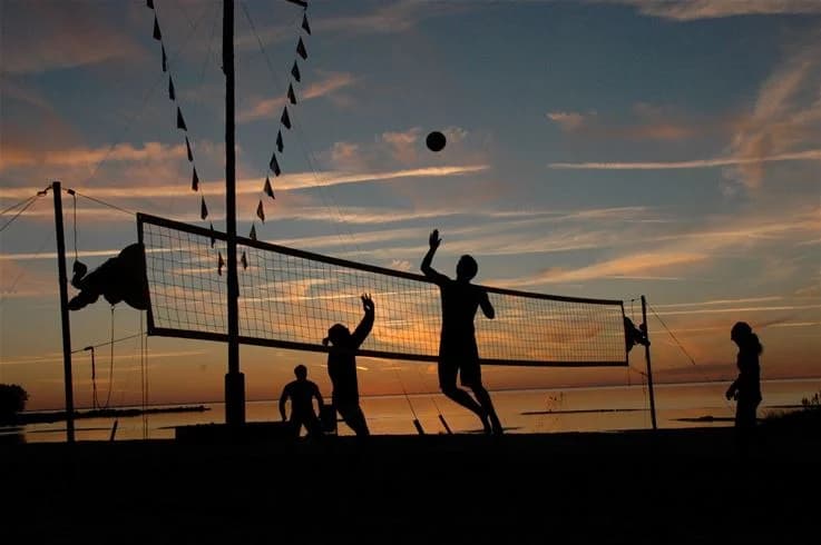 En volleybollplan med nät och boll på Köpingbaden camping, omgiven av campingens natursköna miljö.