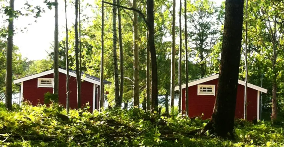 En naturskön vy över Eksjö Camping & Konferens med grönskande träd och buskar, omgivna av stugor i en lummig miljö.