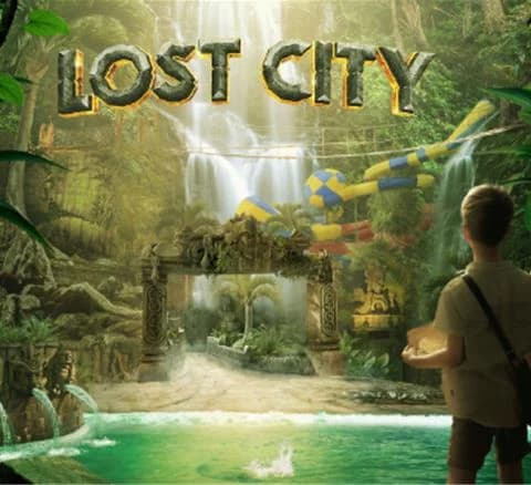 En sammanställning av olika bilder från Gustavsvik Resort som visar palmer och semesteraktiviteter.