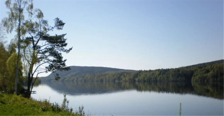En fridfull naturscen vid Kävsta camping med en bred flod som flyter genom en grönskande landskap, omgivet av vildmark och skog.